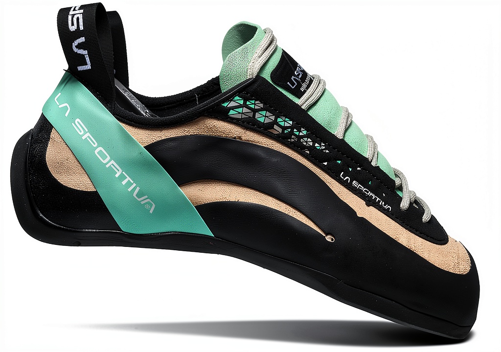 La Sportiva women's climbing shoe on a bouldering wall