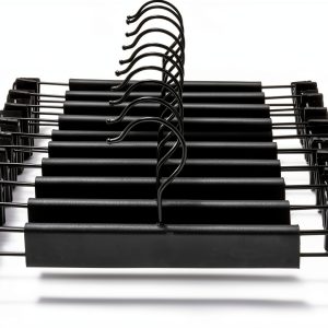 10 Pack Clothes Pants Hangers, Space-Saving Skirt Holders with 360 ° Swivel Hooks, Adjustable Clips, Trouser Coat Garment Jeans Black-0